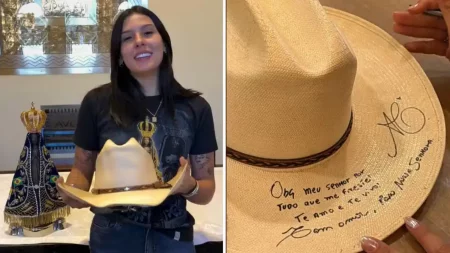 Ana Castela entrega primeiro chapéu da carreira no Santuário de Aparecida Cantora Ana Castela faz gesto de fé e gratidão com acessório que marcou sua trajetória (Foto: Reprodução Redes Sociais)