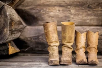 Botas sertanejas de couro usadas apoiadas em piso de madeira, ao lado de tronco rústico, representando o estilo country e a cultura rural brasileira