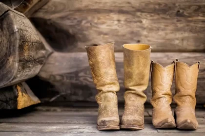 Botas sertanejas de couro usadas apoiadas em piso de madeira, ao lado de tronco rústico, representando o estilo country e a cultura rural brasileira