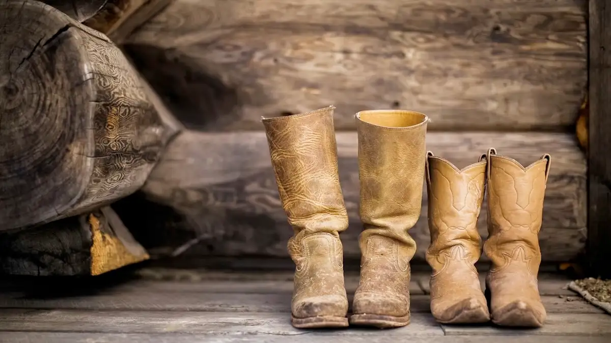 Botas sertanejas de couro usadas apoiadas em piso de madeira, ao lado de tronco rústico, representando o estilo country e a cultura rural brasileira